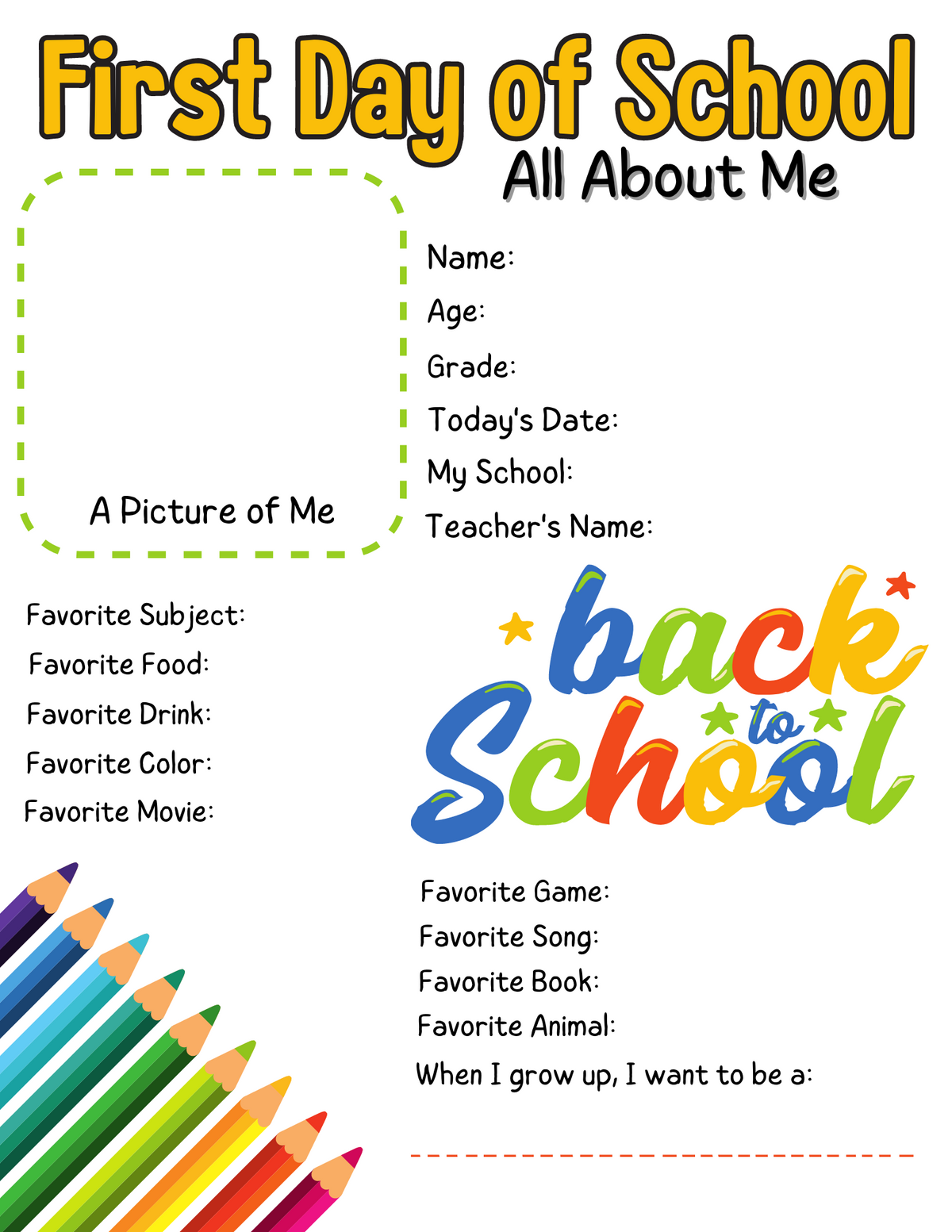 First Day of School All About Me Printable
